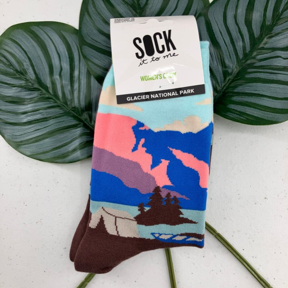 Sock It To Me Blue Brown Glacier National Park Nature Outdoor Novelty Crew Socks